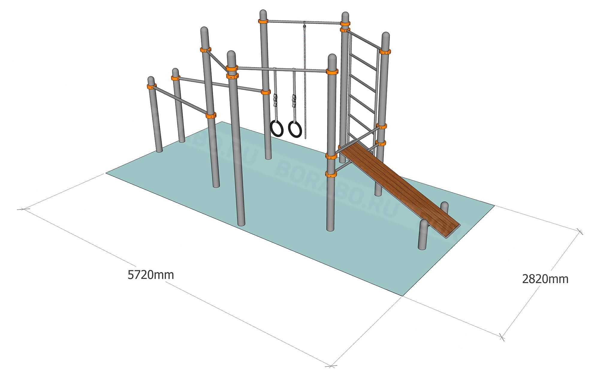 Спортивный Workout комплекс BW-44-М со скамьей для пресса, лестницей, тремя турниками брусьями, канатом и кольцами
