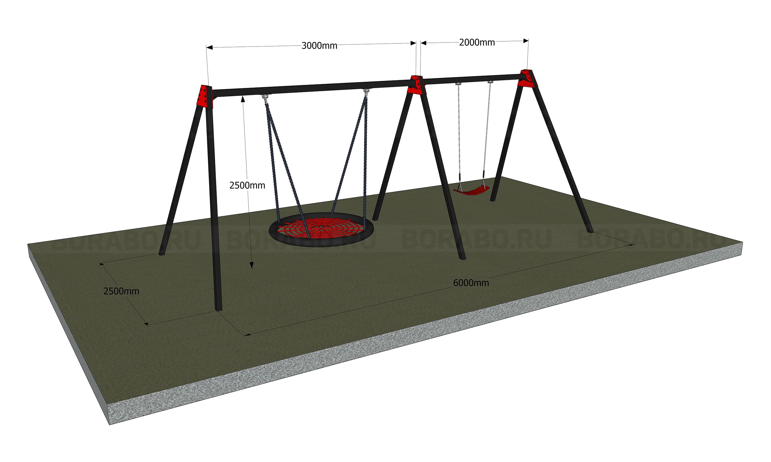 Качели двойные Гнездо + Лодочка стальная рама с бетонированием Workout BW-81