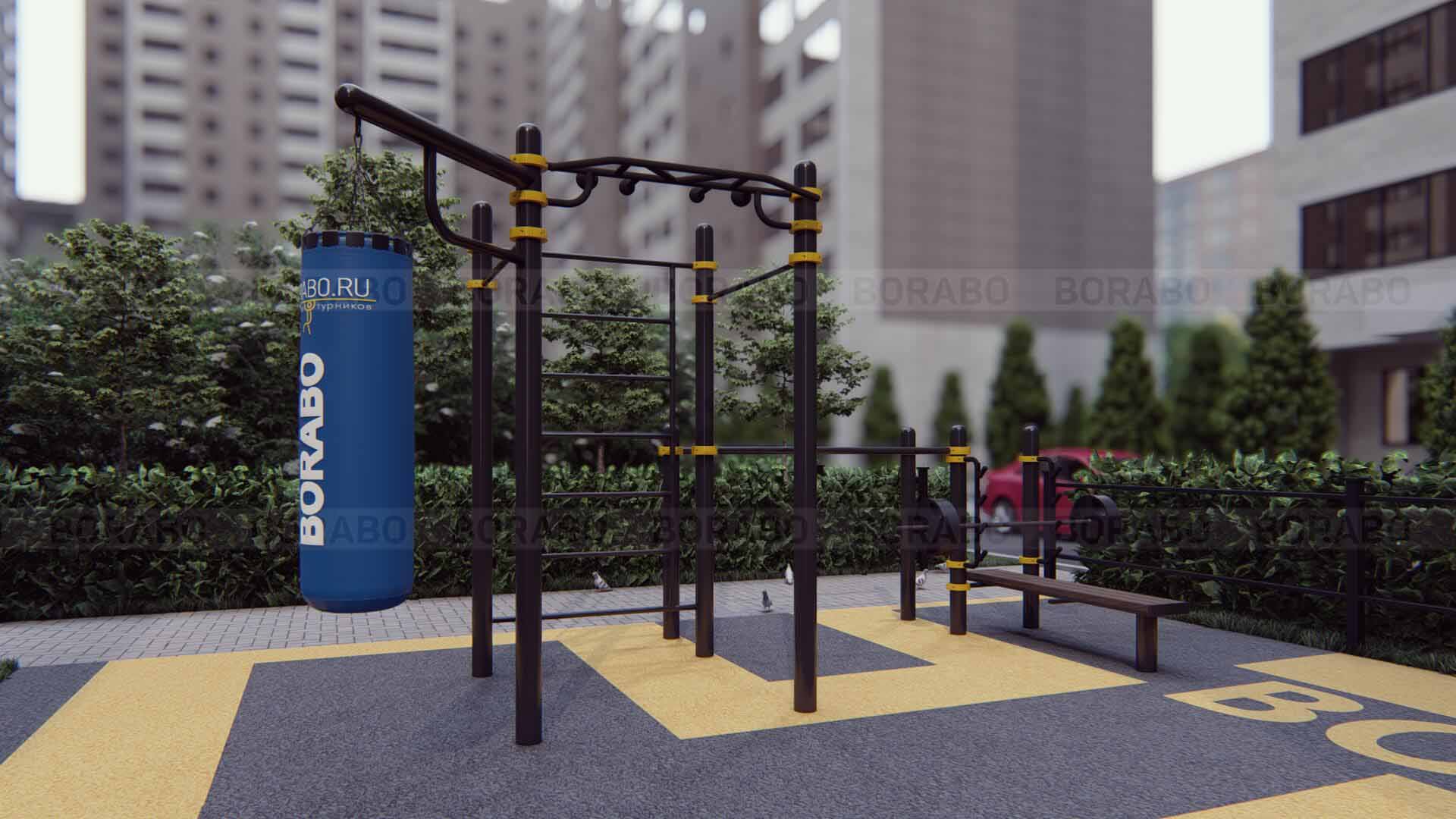 Спортивный Workout комплекс BW-115 с брусьями, шведской стенкой, кронштейном для боксёрского мешка, стойкой со скамьёй для штанги и турником PRO "Медвежий хват"