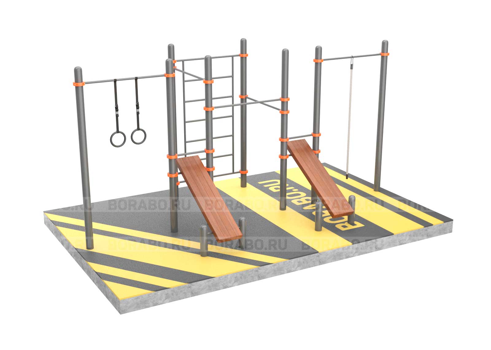 Спортивный Workout комплекс BW-28-М с двумя скамьями для пресса, канатом, кольцами, тремя турниками и лестницей