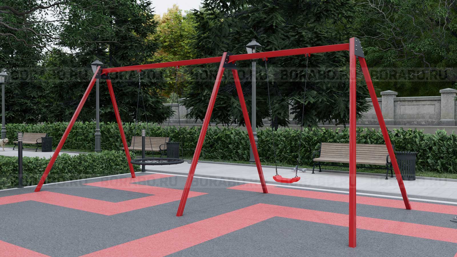 Качели двойные Гнездо + Лодочка стальная рама с бетонированием Workout BW-81