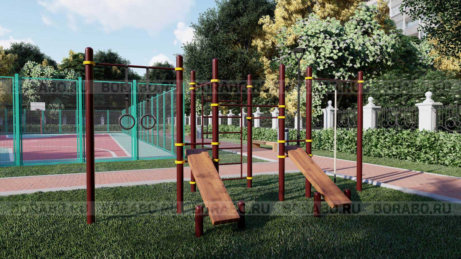 Спортивный Workout комплекс BW-28-М с двумя скамьями для пресса, канатом, кольцами, тремя турниками и лестницей