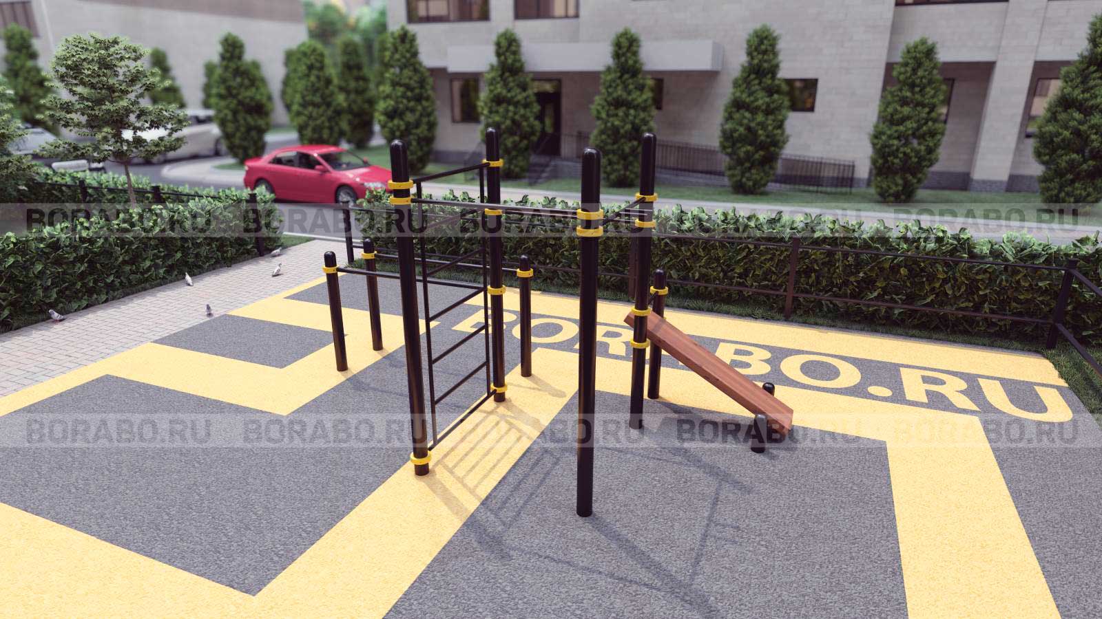 Спортивный Workout комплекс BW-32-М со скамьей для пресса, лестницей, тремя турниками и брусьями