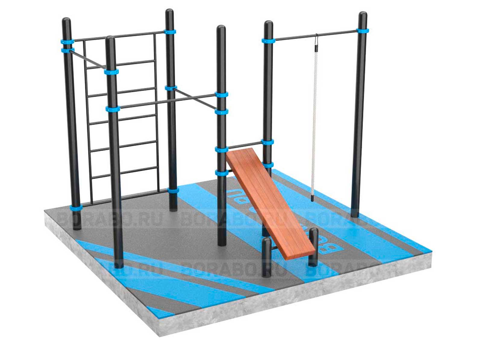 Спортивный Workout комплекс BW-36-М со скамьей для пресса, лестницей, четырьмя турниками и двойными и канатом