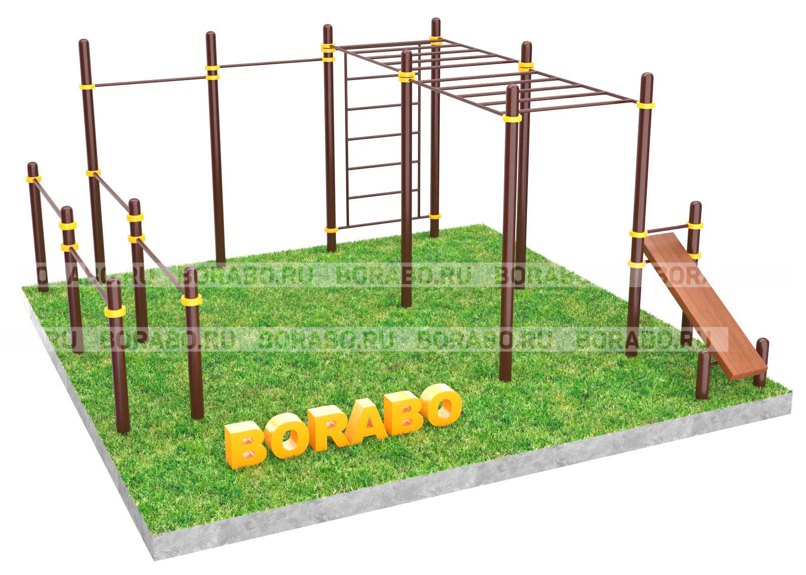 Спортивный Workout комплекс BW-35-М со скамьей для пресса, двумя рукоходами, лестницей, двумя турниками и двойными брусьями