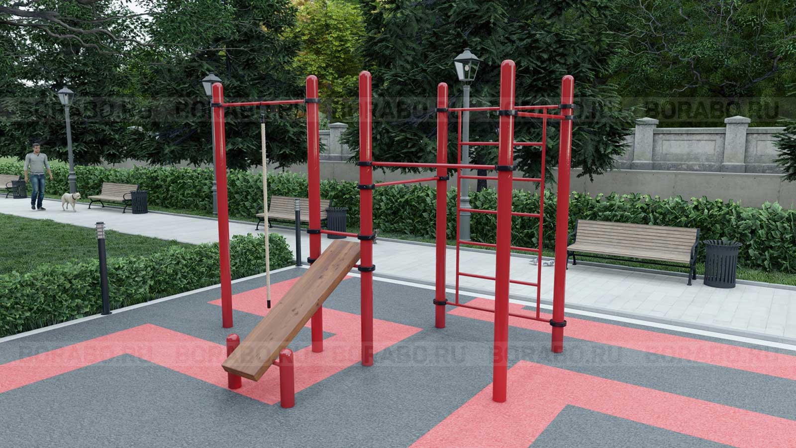 Спортивный Workout комплекс BW-36-М со скамьей для пресса, лестницей, четырьмя турниками и двойными и канатом