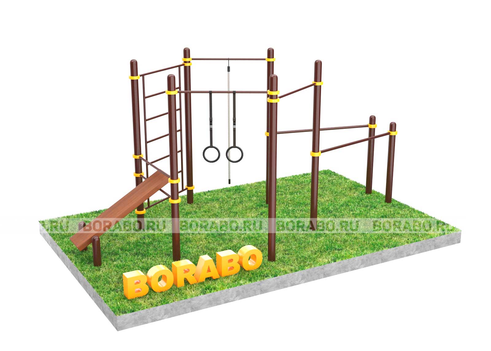 Спортивный Workout комплекс BW-44-М со скамьей для пресса, лестницей, тремя турниками брусьями, канатом и кольцами