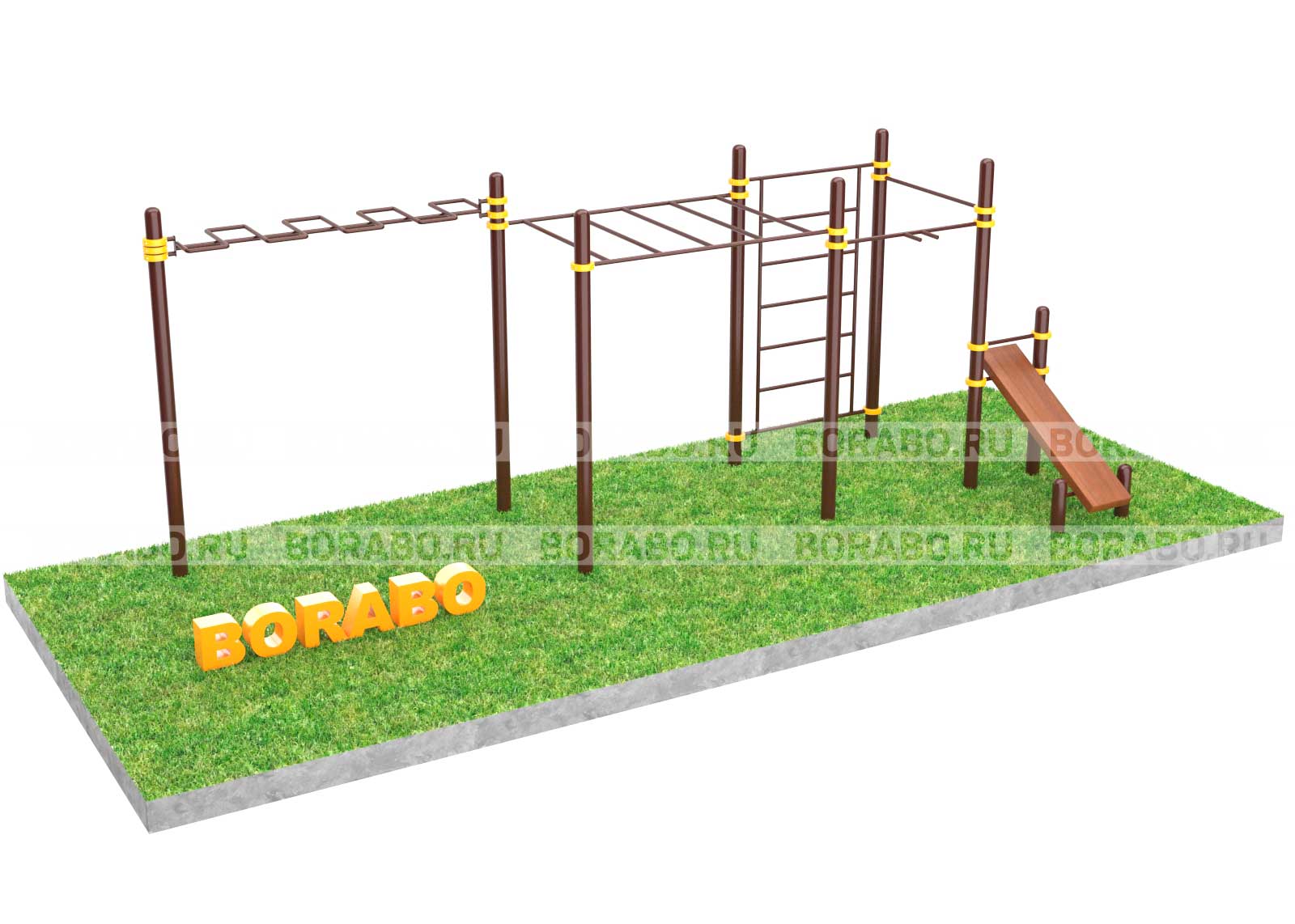 Спортивный Workout комплекс BW-34-М со скамьей для пресса, рукоходом змейка, рукоходом, лестницей, турниками