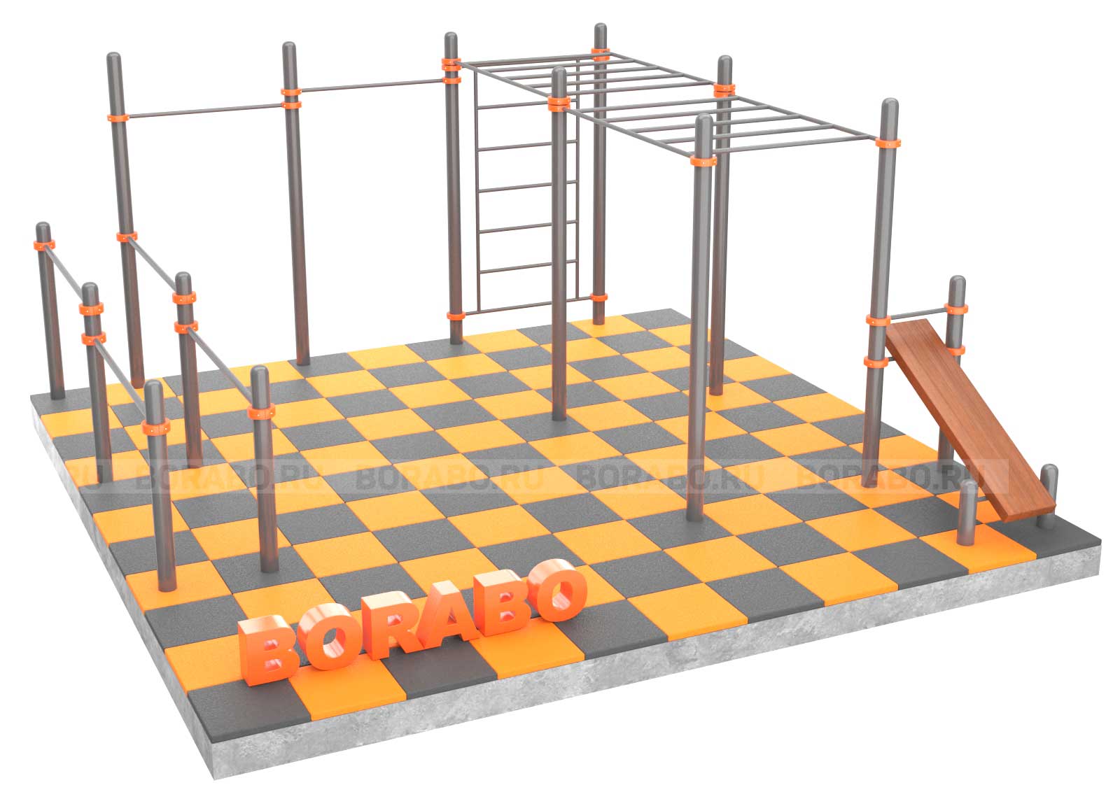 Спортивный Workout комплекс BW-35-М со скамьей для пресса, двумя рукоходами, лестницей, двумя турниками и двойными брусьями