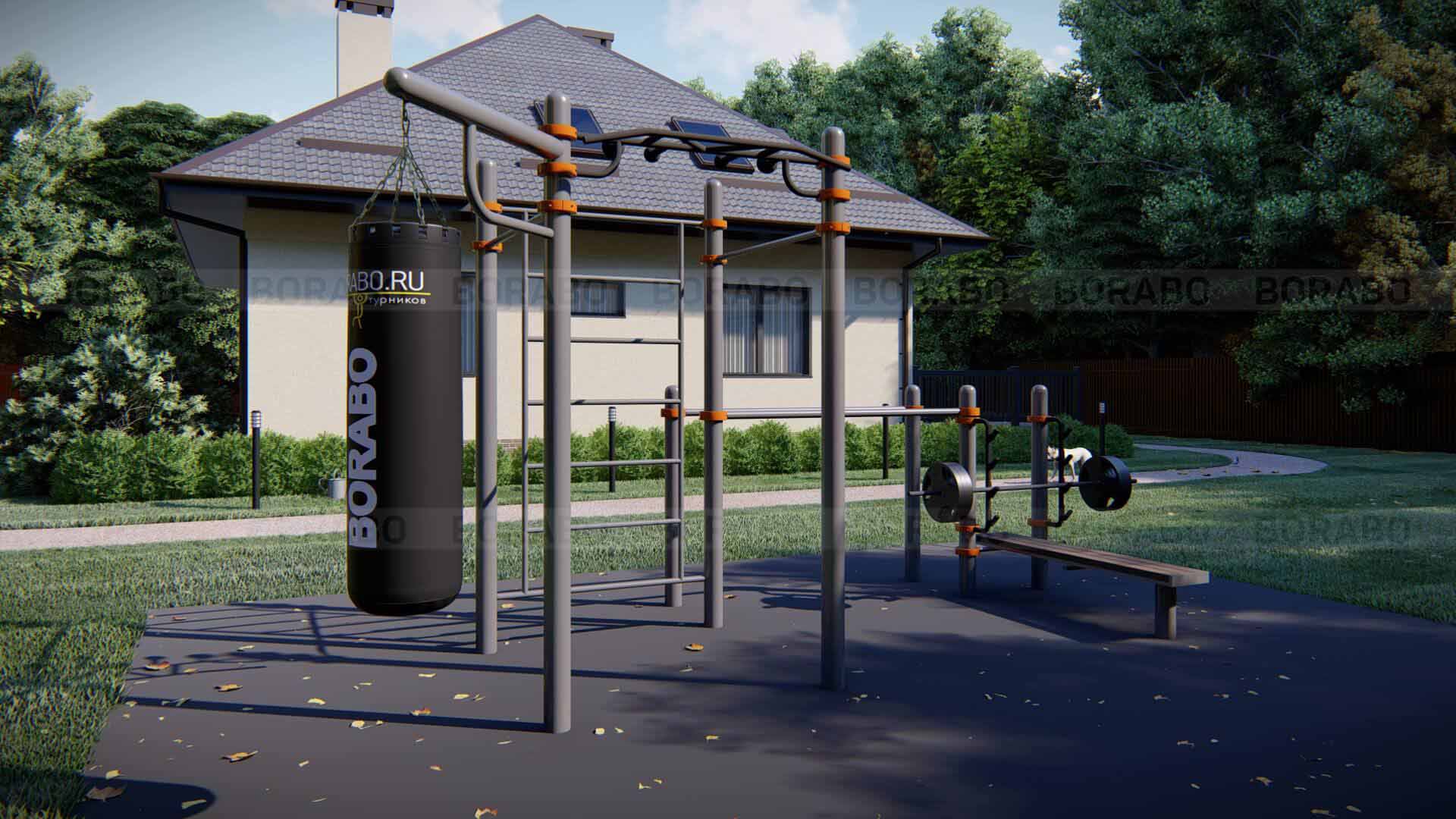 Спортивный Workout комплекс BW-115 с брусьями, шведской стенкой, кронштейном для боксёрского мешка, стойкой со скамьёй для штанги и турником PRO "Медвежий хват"