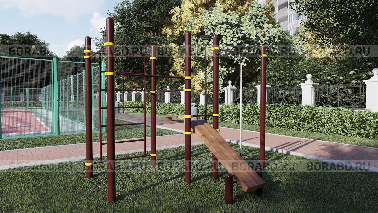 Спортивный Workout комплекс BW-36-М со скамьей для пресса, лестницей, четырьмя турниками и двойными и канатом