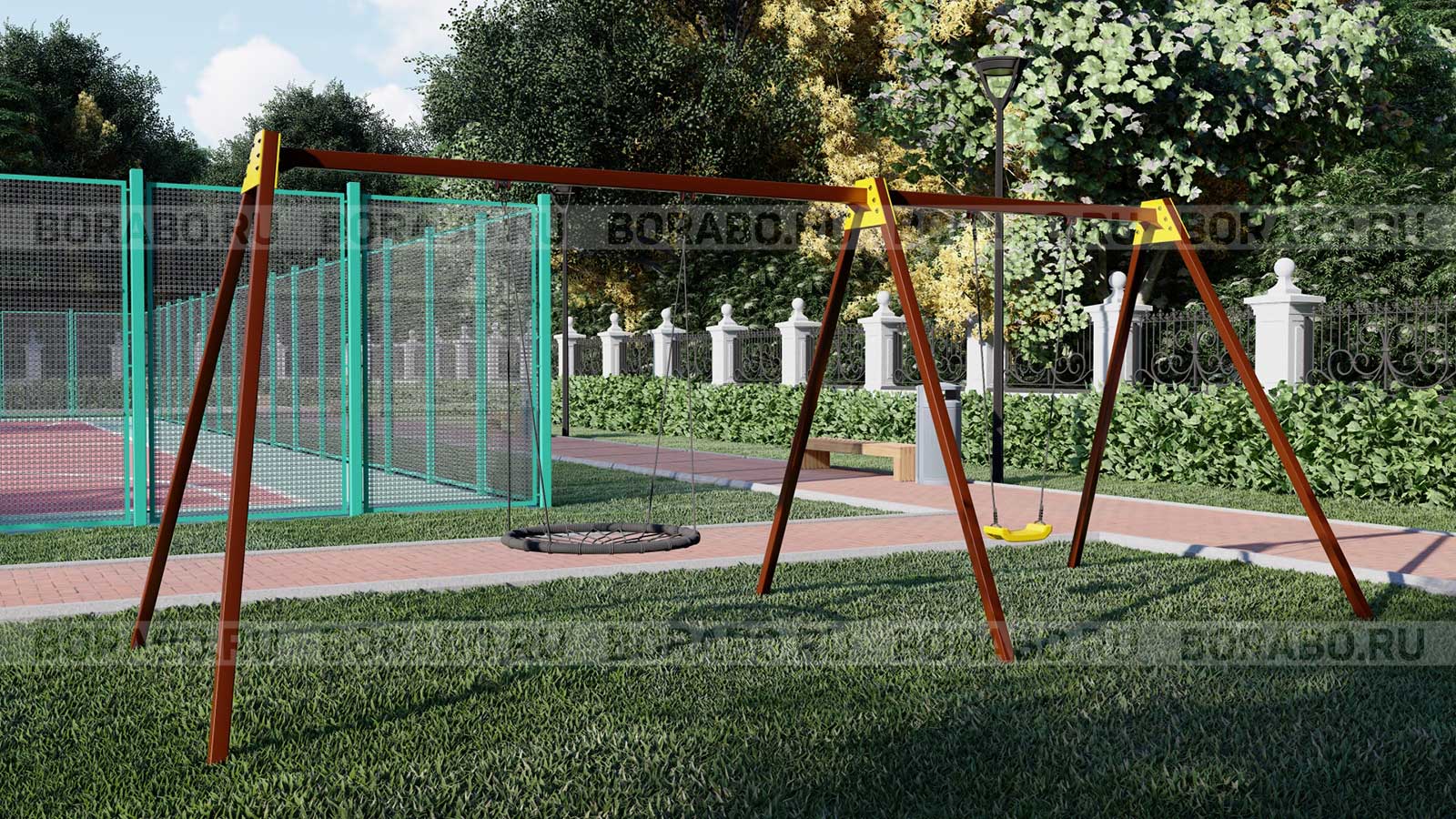 Качели двойные Гнездо + Лодочка стальная рама с бетонированием Workout BW-81