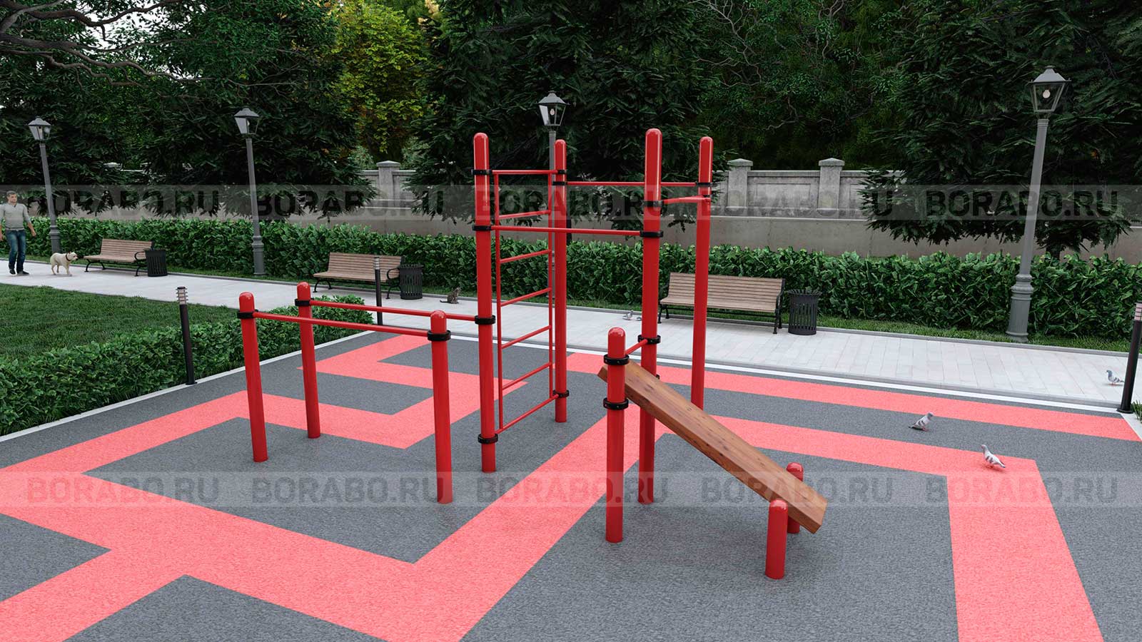 Спортивный Workout комплекс BW-32-М со скамьей для пресса, лестницей, тремя турниками и брусьями