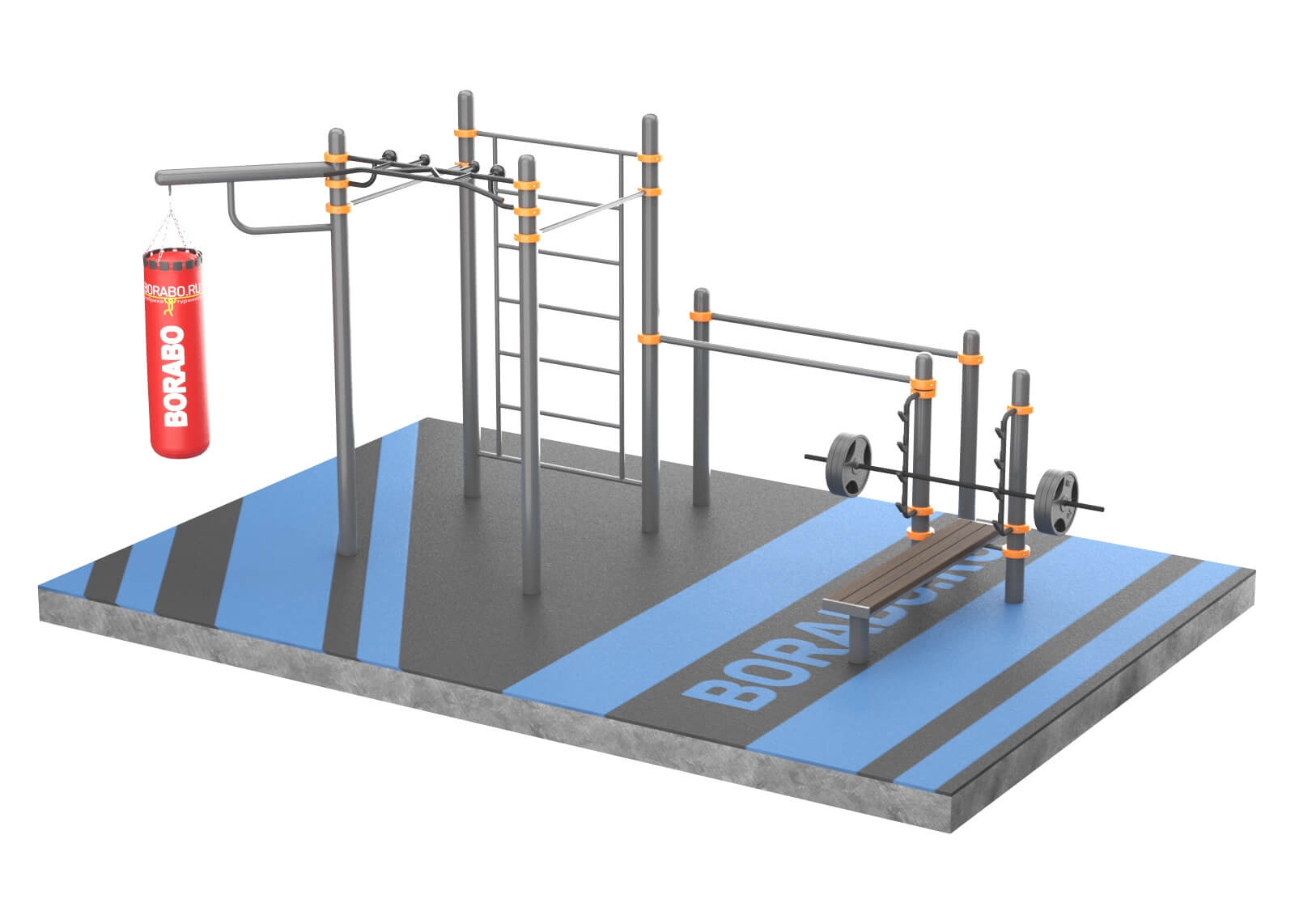 Спортивный Workout комплекс BW-115 с брусьями, шведской стенкой, кронштейном для боксёрского мешка, стойкой со скамьёй для штанги и турником PRO "Медвежий хват"