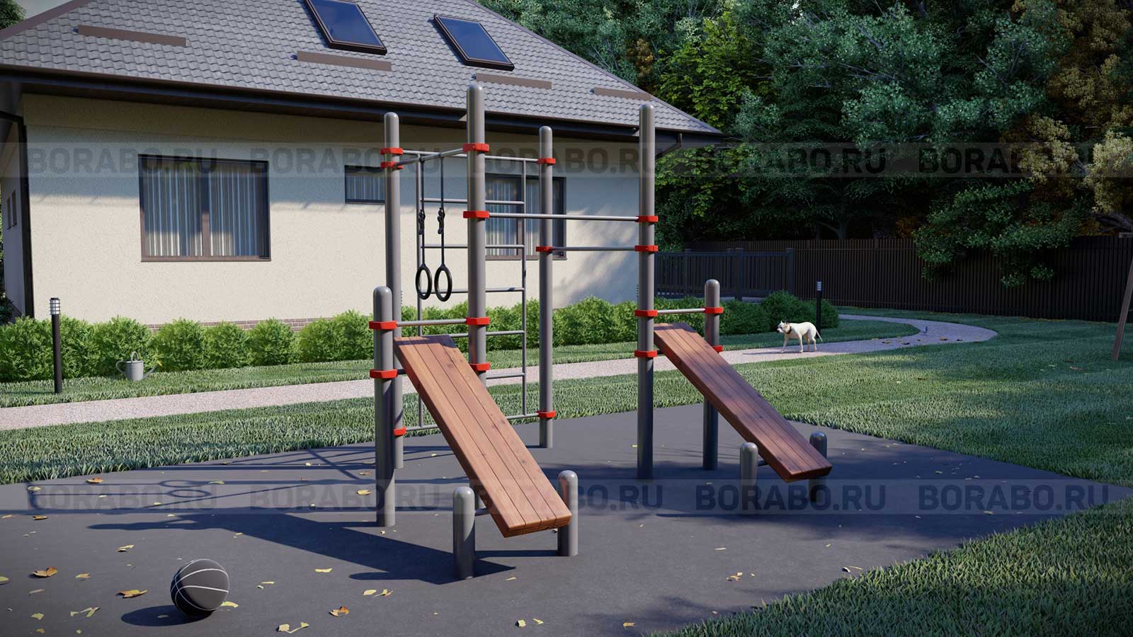 Спортивный Workout комплекс BW-63-M с двумя скамьями для пресса, лестницей, тремя турниками и кольцами