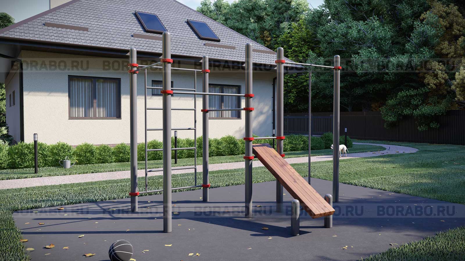 Спортивный Workout комплекс BW-36-М со скамьей для пресса, лестницей, четырьмя турниками и двойными и канатом