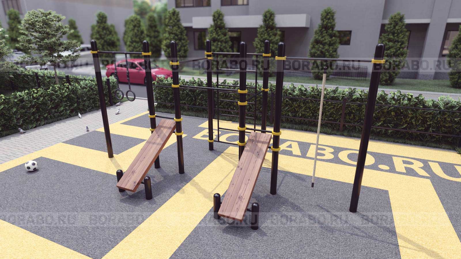 Спортивный Workout комплекс BW-28-М с двумя скамьями для пресса, канатом, кольцами, тремя турниками и лестницей