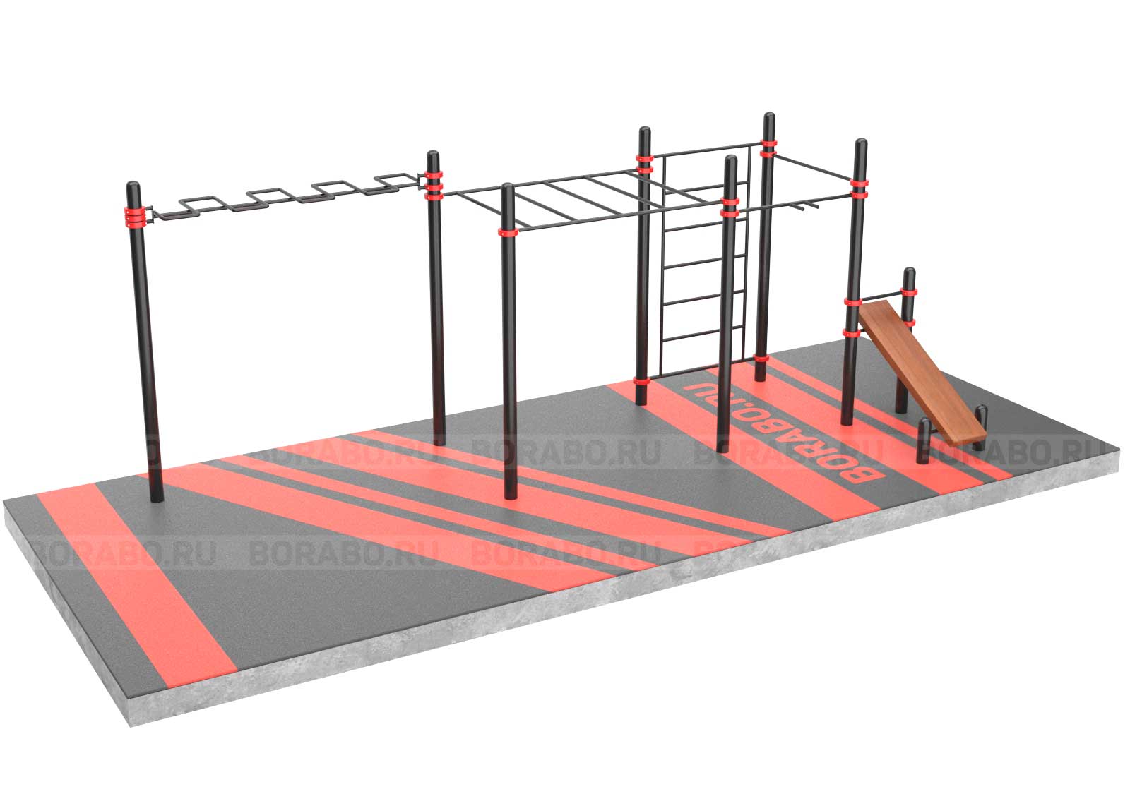 Спортивный Workout комплекс BW-34-М со скамьей для пресса, рукоходом змейка, рукоходом, лестницей, турниками