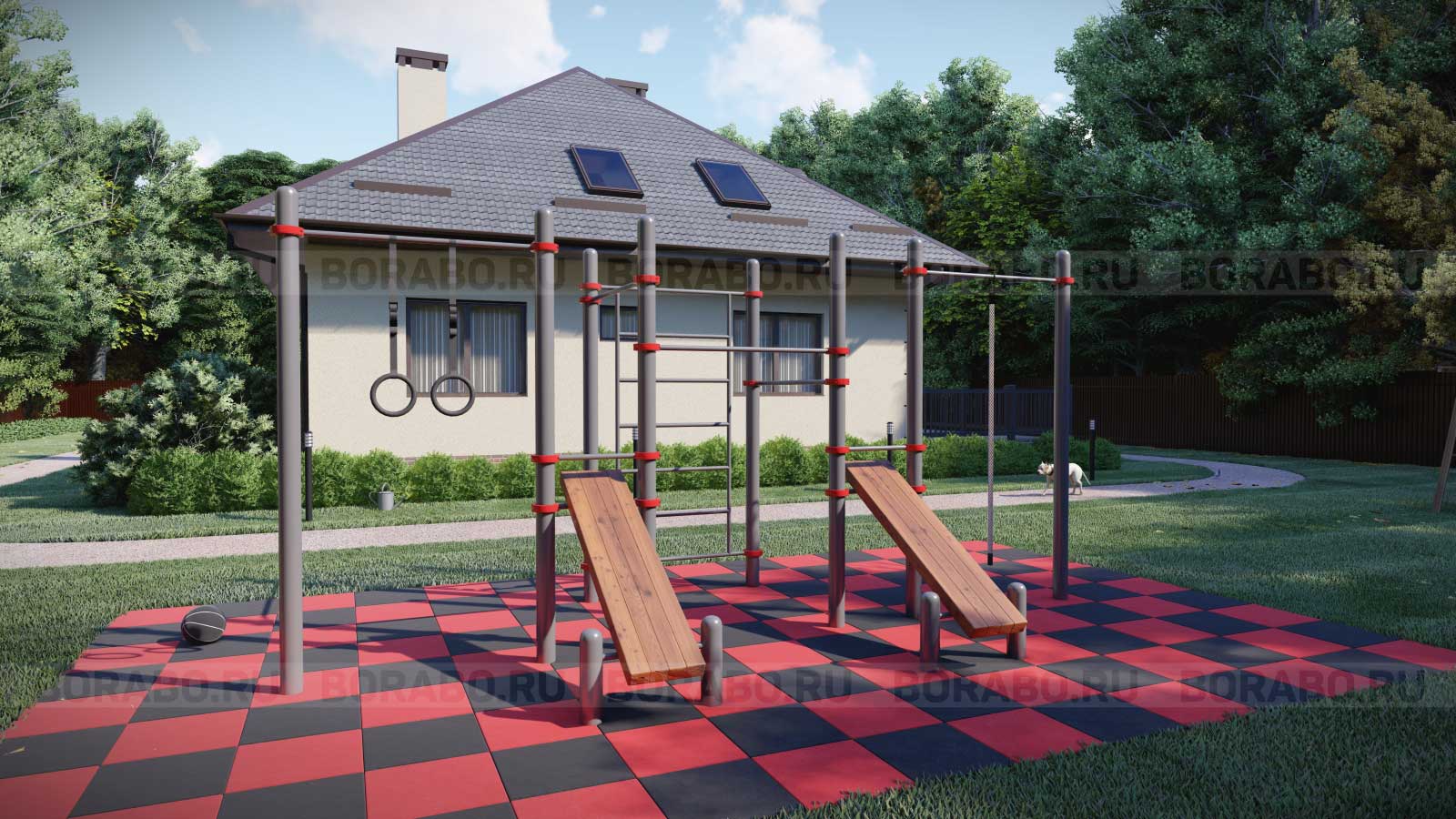 Спортивный Workout комплекс BW-28-М с двумя скамьями для пресса, канатом, кольцами, тремя турниками и лестницей