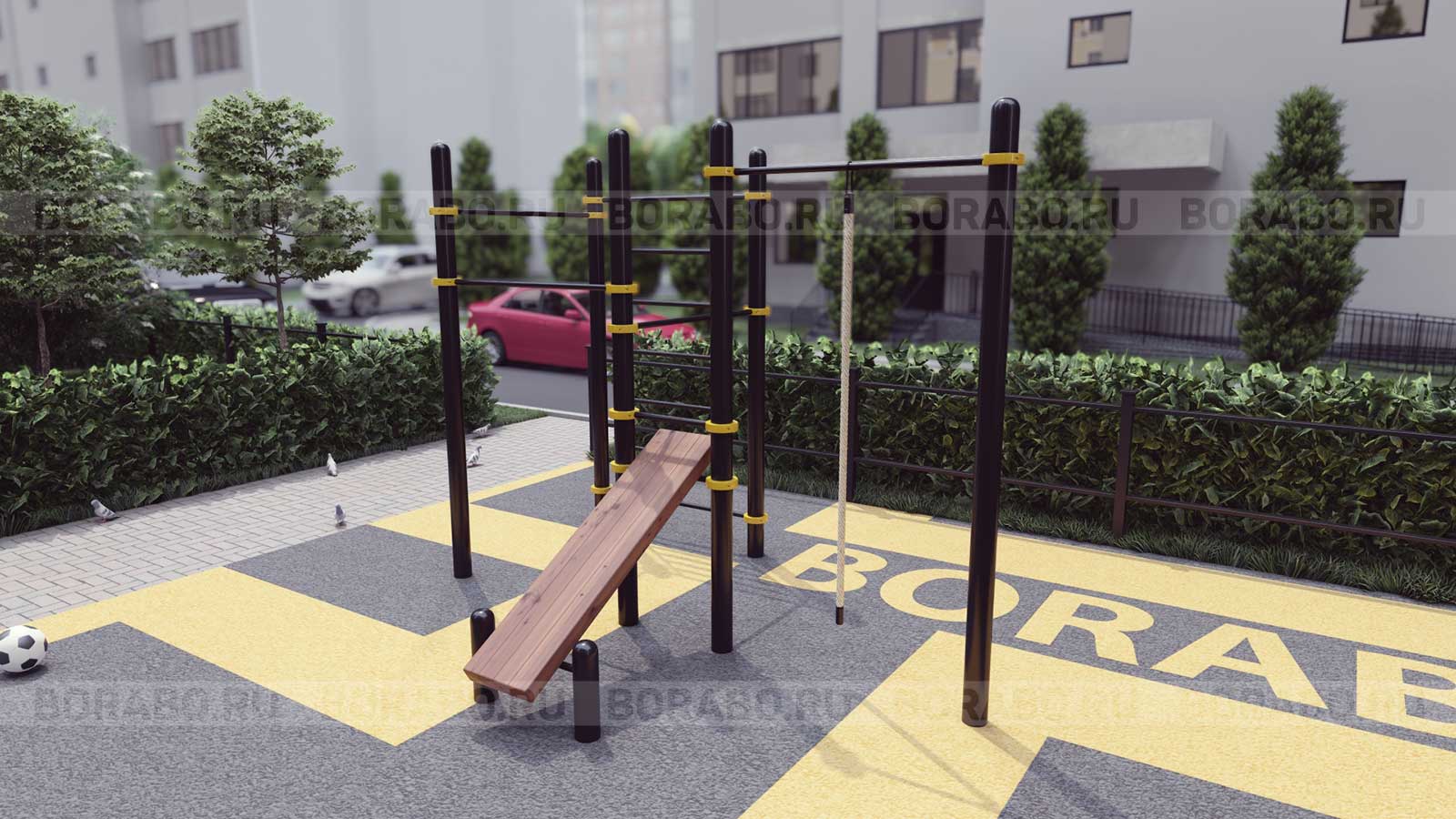 Спортивный Workout комплекс BW-36-М со скамьей для пресса, лестницей, четырьмя турниками и двойными и канатом