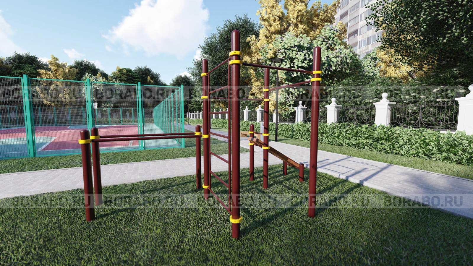 Спортивный Workout комплекс BW-32-М со скамьей для пресса, лестницей, тремя турниками и брусьями