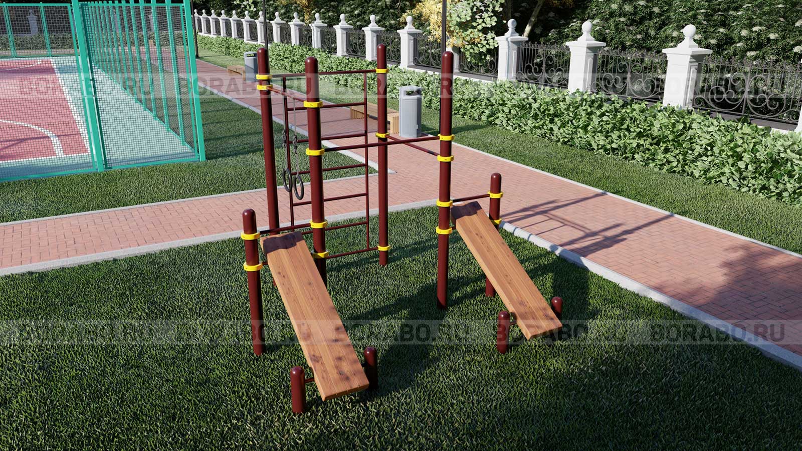 Спортивный Workout комплекс BW-63-M с двумя скамьями для пресса, лестницей, тремя турниками и кольцами