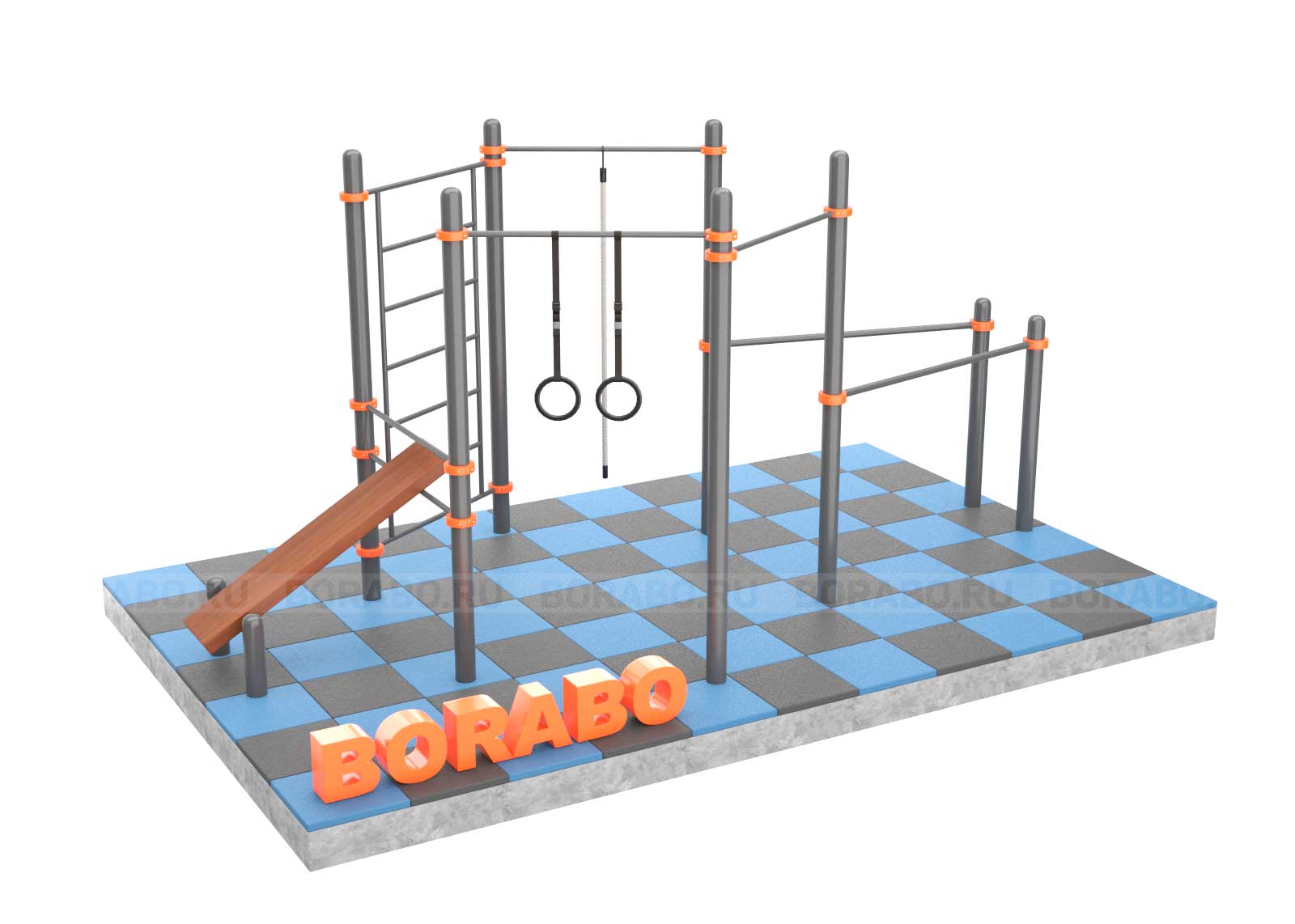 Спортивный Workout комплекс BW-44-М со скамьей для пресса, лестницей, тремя турниками брусьями, канатом и кольцами