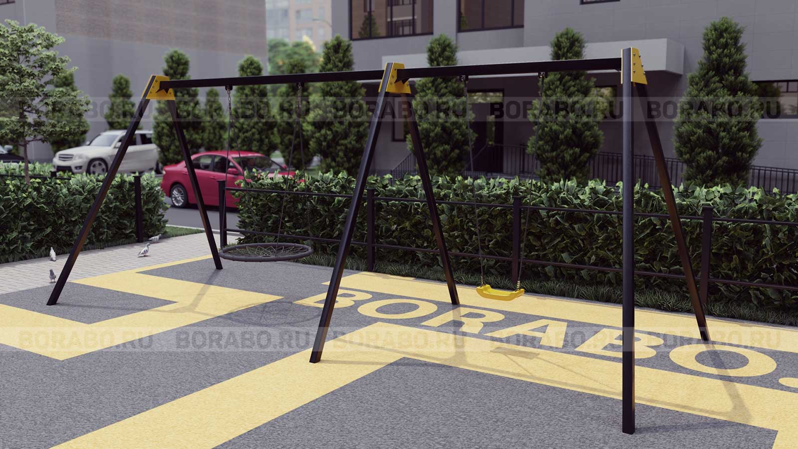 Качели двойные Гнездо + Лодочка стальная рама с бетонированием Workout BW-81