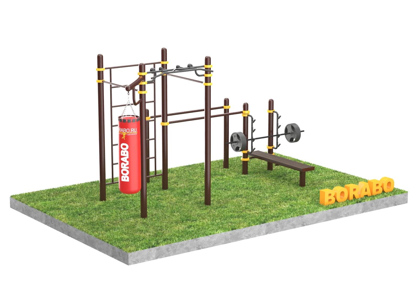 Спортивный Workout комплекс BW-115 с брусьями, шведской стенкой, кронштейном для боксёрского мешка, стойкой со скамьёй для штанги и турником PRO "Медвежий хват"