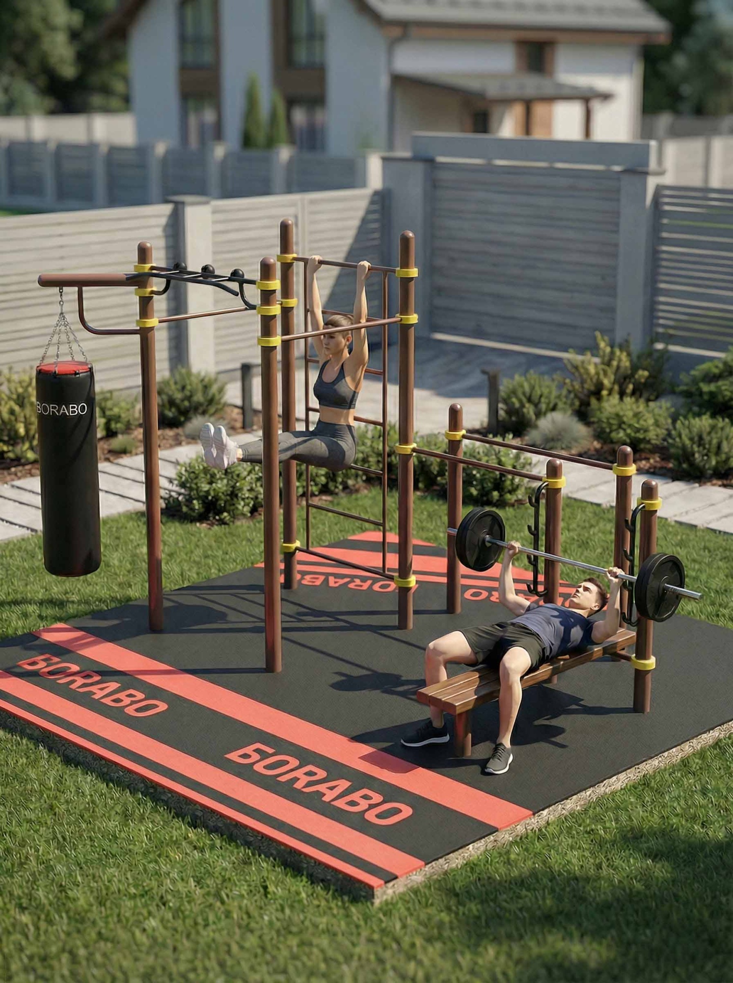 Спортивный Workout комплекс BW-115 с брусьями, шведской стенкой, кронштейном для боксёрского мешка, стойкой со скамьёй для штанги и турником PRO "Медвежий хват"