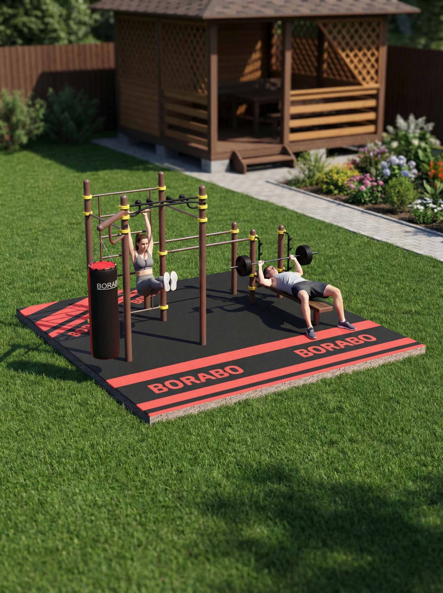Спортивный Workout комплекс BW-115 с брусьями, шведской стенкой, кронштейном для боксёрского мешка, стойкой со скамьёй для штанги и турником PRO "Медвежий хват"