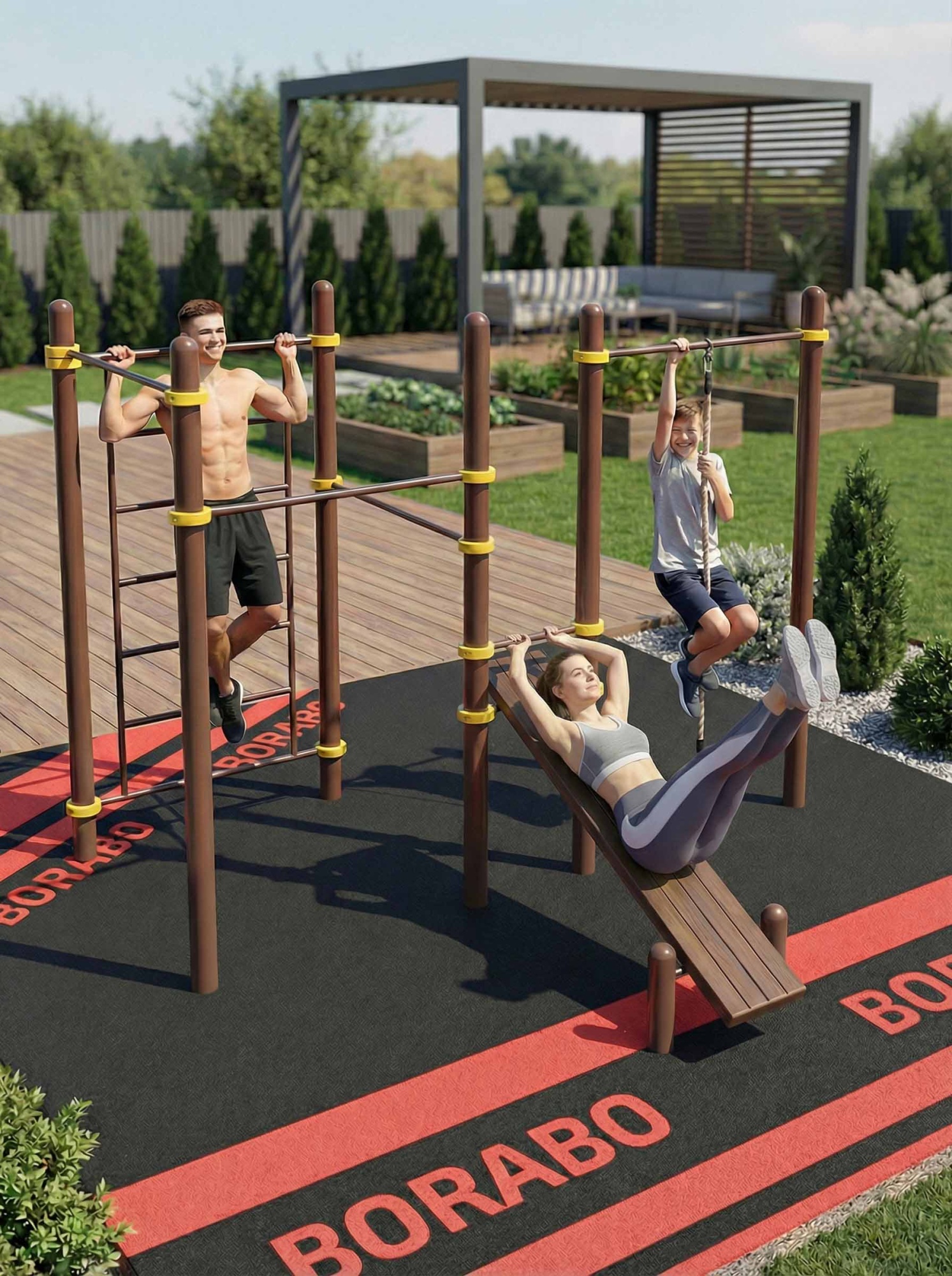 Спортивный Workout комплекс BW-36-М со скамьей для пресса, лестницей, четырьмя турниками и двойными и канатом