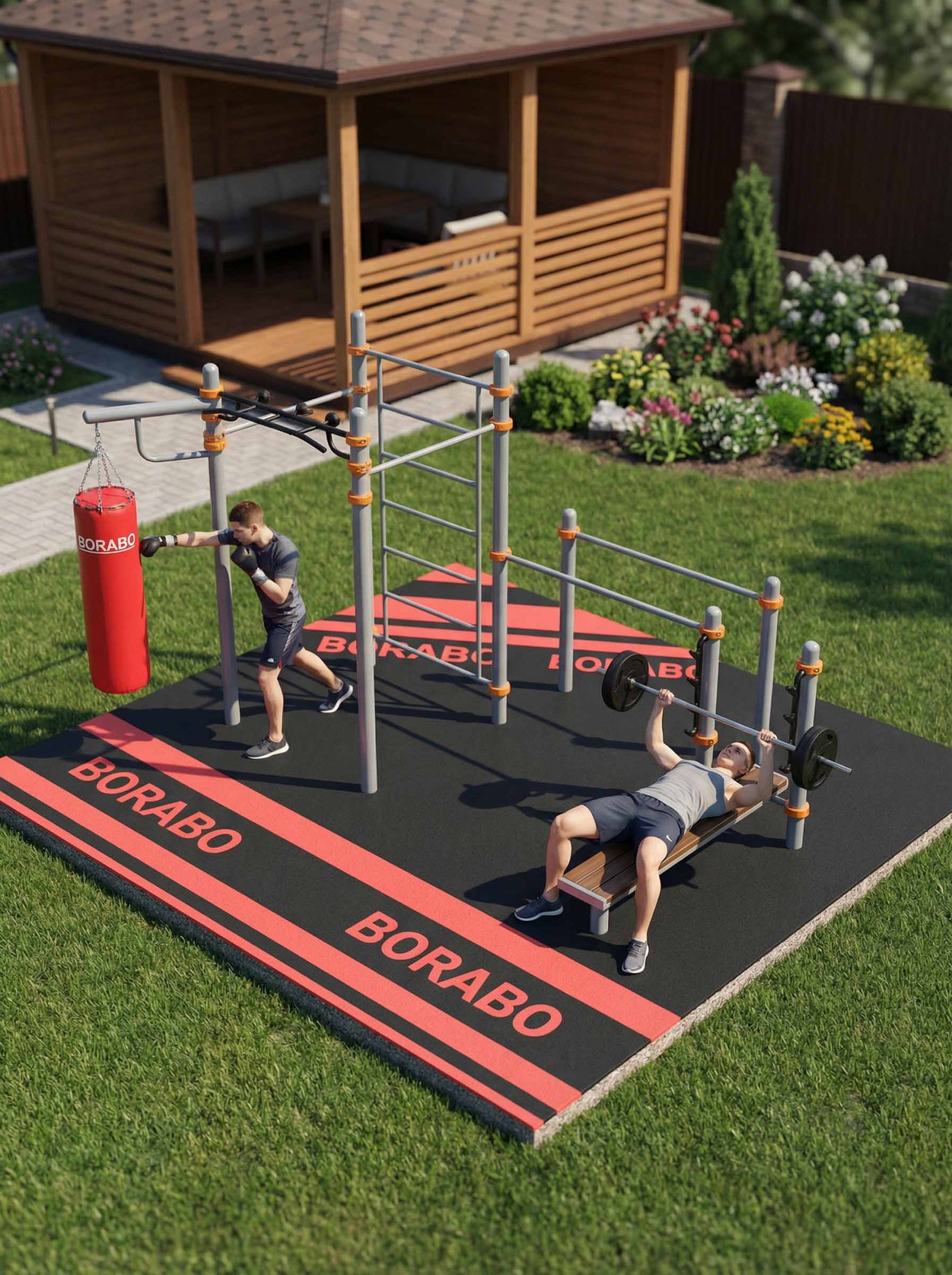 Спортивный Workout комплекс BW-115 с брусьями, шведской стенкой, кронштейном для боксёрского мешка, стойкой со скамьёй для штанги и турником PRO "Медвежий хват"
